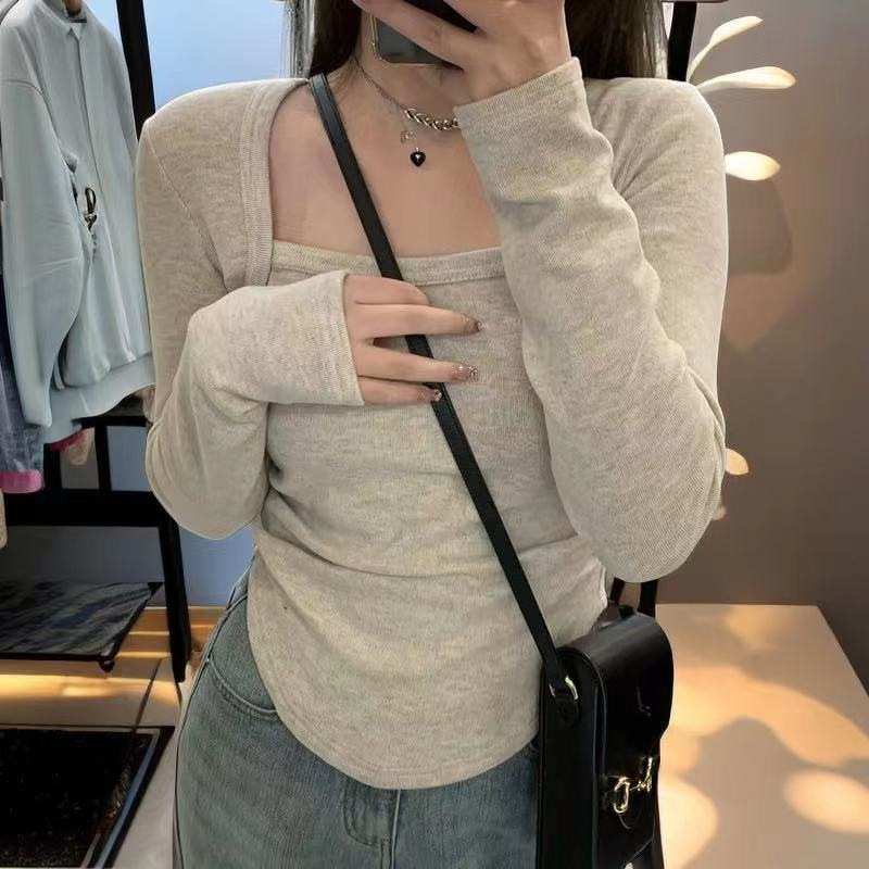 Autumn and Winter fleece-lined thickened T-shirt women's French square collar undershirt off-the-collarbone long sleeve hot girl all-match top women