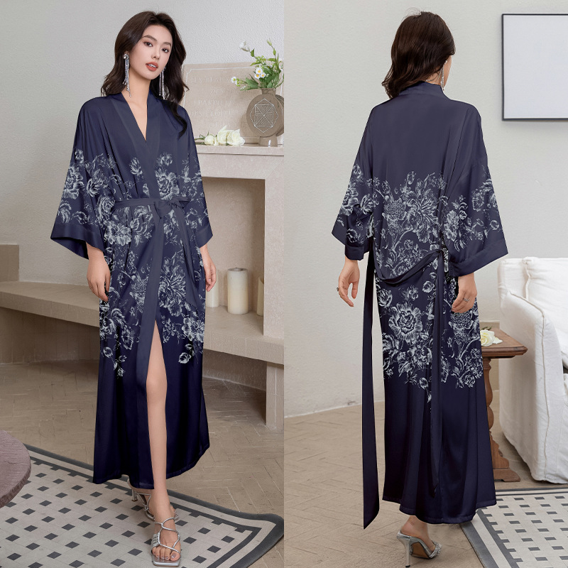 Picture of Yaoting Satin Printed Pajamas for Women Summer Large Size Accessible Luxury Three-Quarter Sleeves Cool Long Nightgown Home Wear Women Wp2669