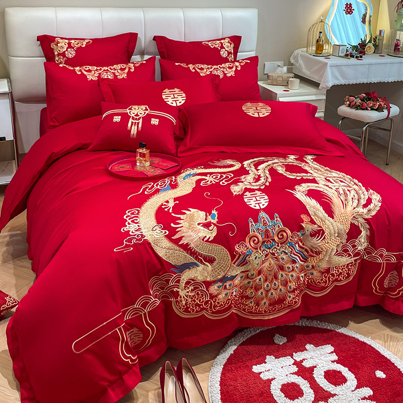 Picture of High-end Chinese Dragon and Phoenix Embroidery Fashion Wedding Four-piece Wedding Big Red Bed Sheet Quilt Cover Accompanying Bedding
