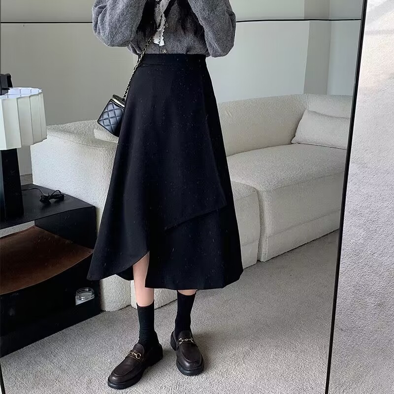 Irregular Slit Black Skirt for Women 2024 Autum Mid-Length A-Line Skirt High Waist Slimming Look Fashion Hip Skirt