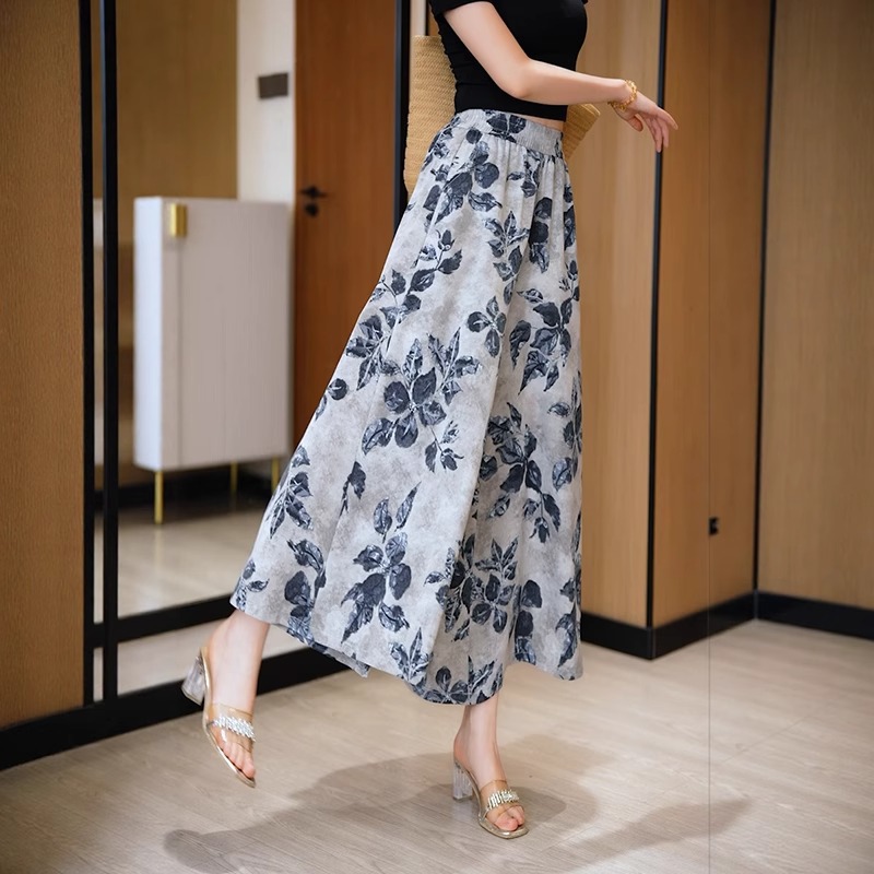 Printed Ice Silk Tie-Dye Wide-Leg Pants for Women, Summer Drape Versatile Loose Casual Pants, New Chinese Style Elegant Half Skirt Pants