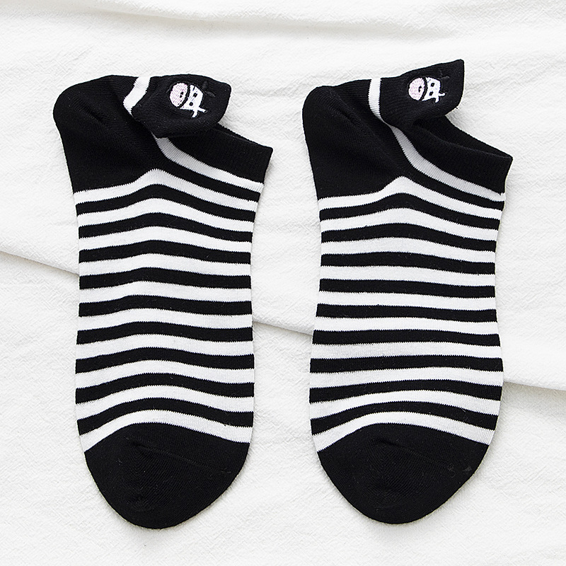 Picture of Black and White Cow Country Sweet Cute Japanese Short Socks Embroidered Striped Cartoon Boat Socks