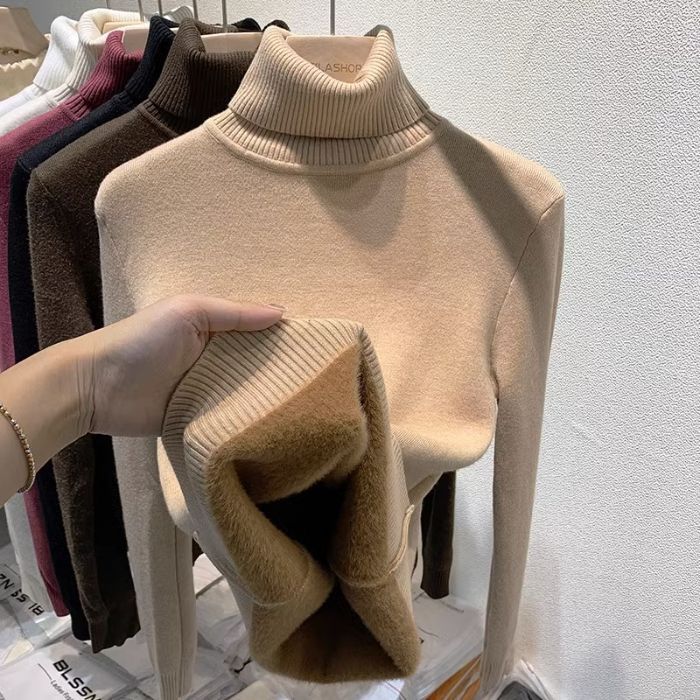 Picture of Foreign trade fleece-lined thick warm one-piece velvet top autumn and winter threaded high collar long sleeve T-shirt women's knitted base