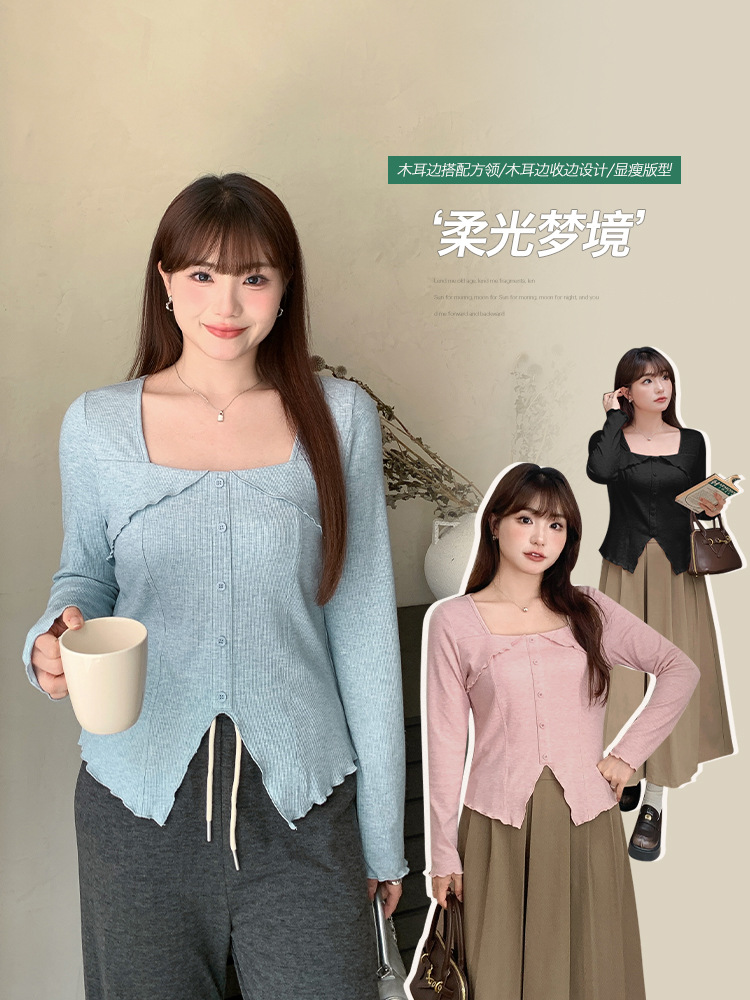 Plus Size Belly-Covering Right Shoulder Square Collar Asymmetrical Long-Sleeved T-Shirt for Women in Autum Fat mm Slimming Look Inner Layering Shirt 63509