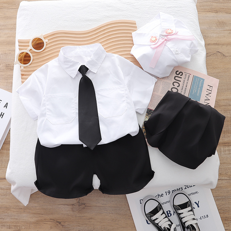 Children's summer thin shirt suit two-piece set Boys and Girls summer wear solid color short sleeve shirt brother and sister wear wholesale