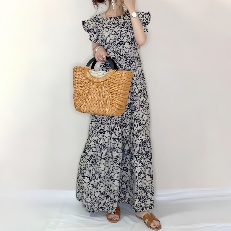 In-Stock Cross-Border Japanese-Style Summer New Women's Clothing Round Neck Ruffle Sleeve A-Line Slim-Fit Floral Mid-Length Dress