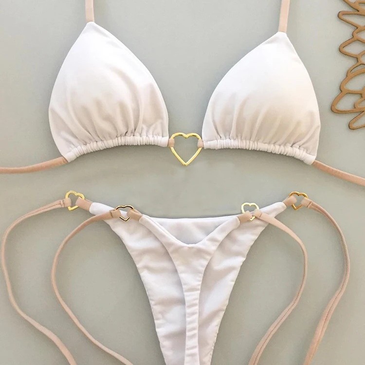 2025 New European and American Heart Halterneck Push-Up Bikini Brazilian Sexy Metal Buckle Pure Color Split Swimsuit