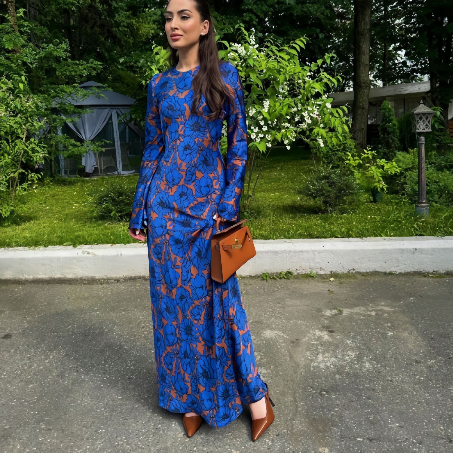 European and American Cross-Border Spot 2025 New Fashion Elegant Multi-Color Printed Long-Sleeved Lace-Up Waist Dress Women's Long Skirt