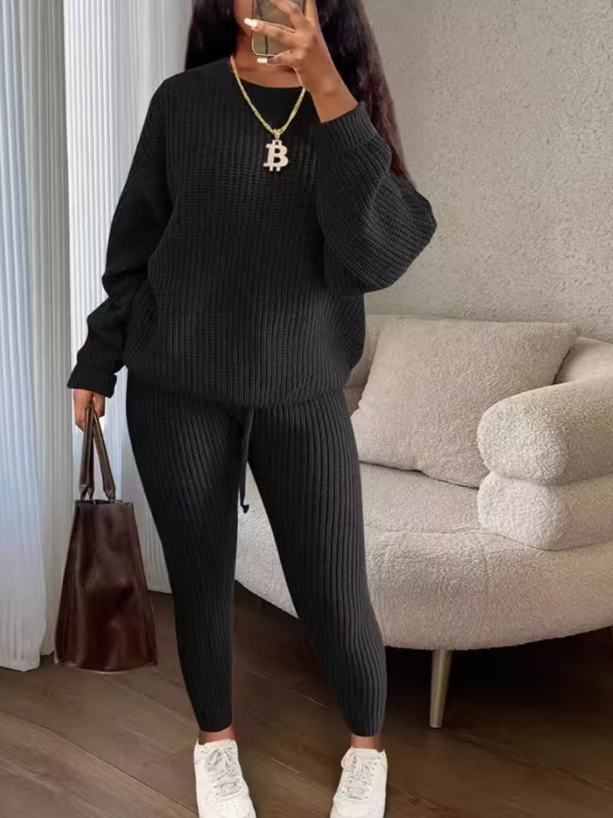 European and American fashion casual knitted suit sweater trousers suit wool suit autumn and winter casual soft waxy women's clothing