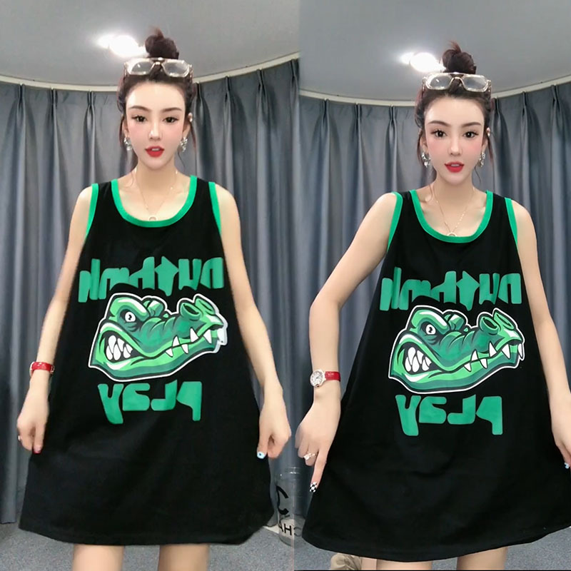 Hong Kong Style Chic Chubby M 1.00 kg-150.00 kg Super plus size Crocodile Graffiti Camisole Loose Simple Sleeveless Top Women's Trendy