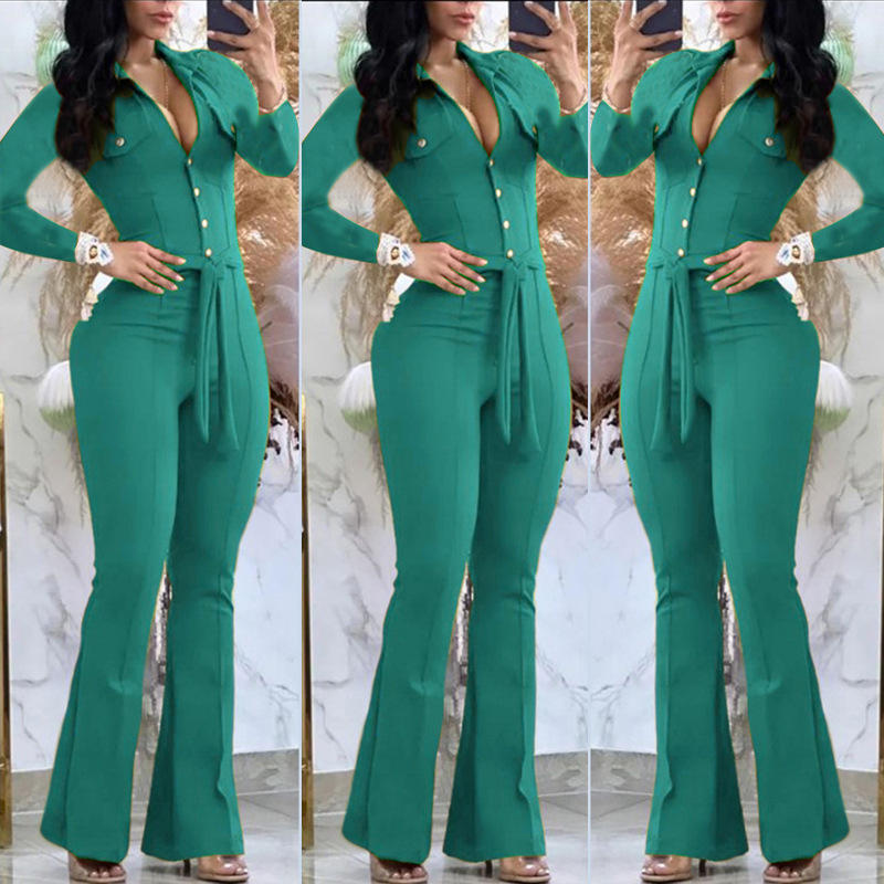 Picture of 2025 Cross-Border Foreign Trade Autumn and Winter Long-Sleeved Shirt Collar Mid-Waist Elegant Commuter Jumpsuit