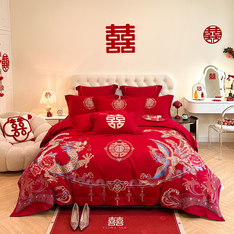 Picture of High-end European-style Wedding Four-piece Cotton Big Red Embroidered Sanding Quilt Cover Wedding Bedding Accompanying Wedding Room