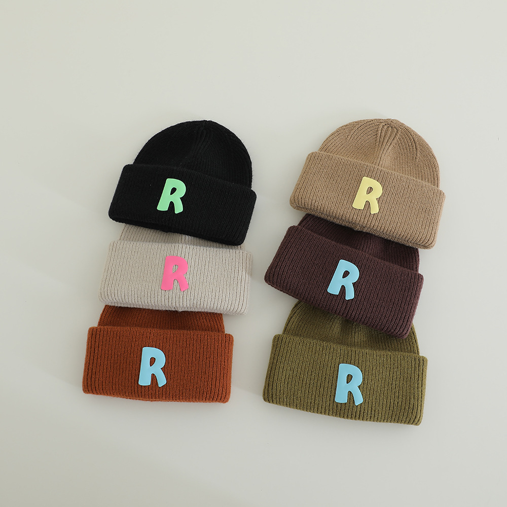 Children's Knitted Hat Ins Korean Style Simple Hot Label R Letter Baby's Wool Hat Autumn and Winter Casual Warm Cap Trendy