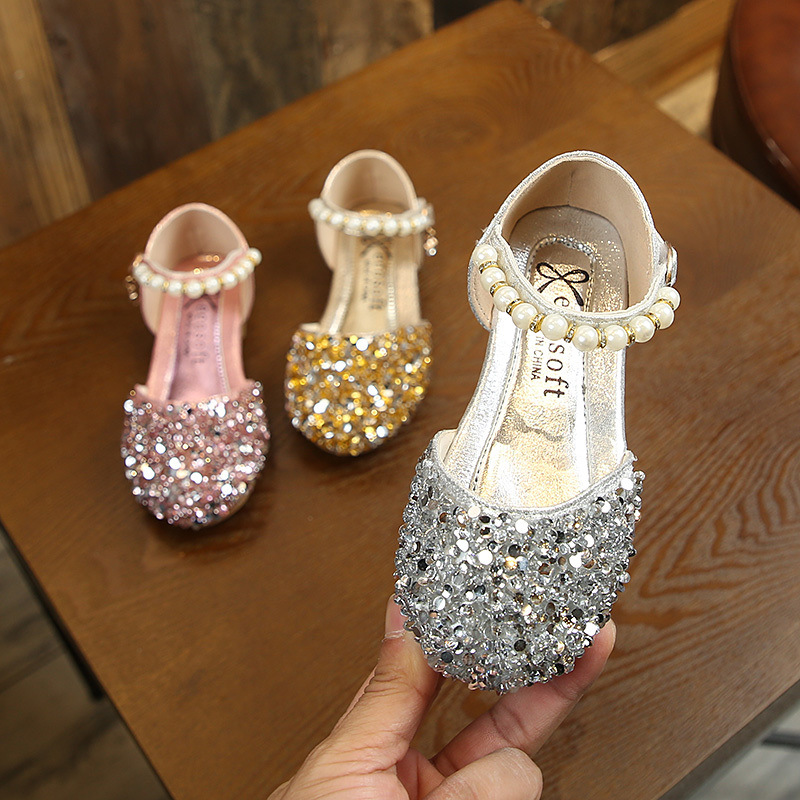 Children's Small Leather Shoes, Girls' Performance Shoes, Silver Princess Shoes, Spring Shiny Girls' Shoes, Girls' Crystal Sequin Shoes