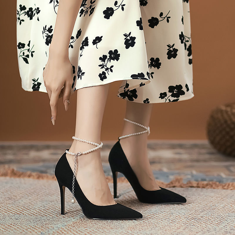 High-heeled shoes women's 2024 new fairy pointed buckle suede black thin heel high-grade non-slip pearl shoes
