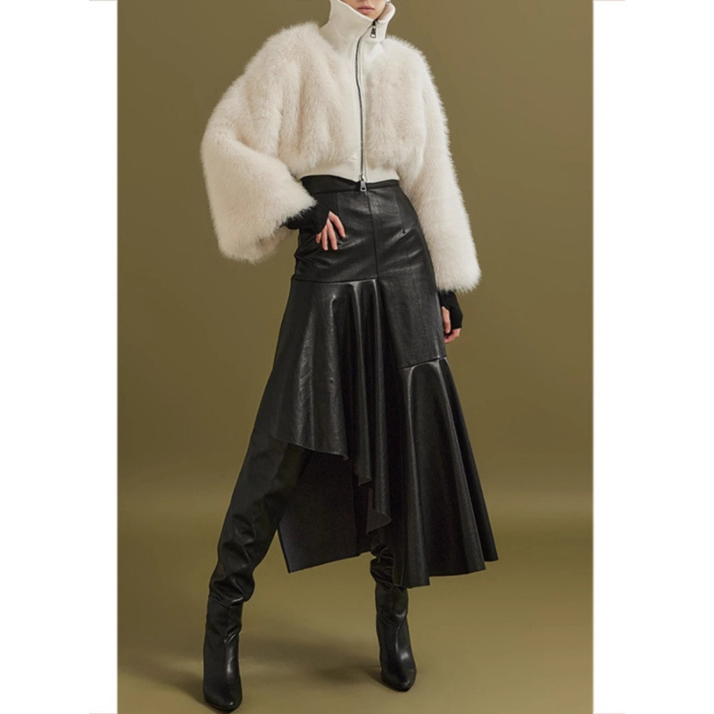 Irregular Leather Skirt for Women in Autumn and Winter New High-Waisted Large Hem Skirt High-End Mid-Length A-Line Fishtail Skirt