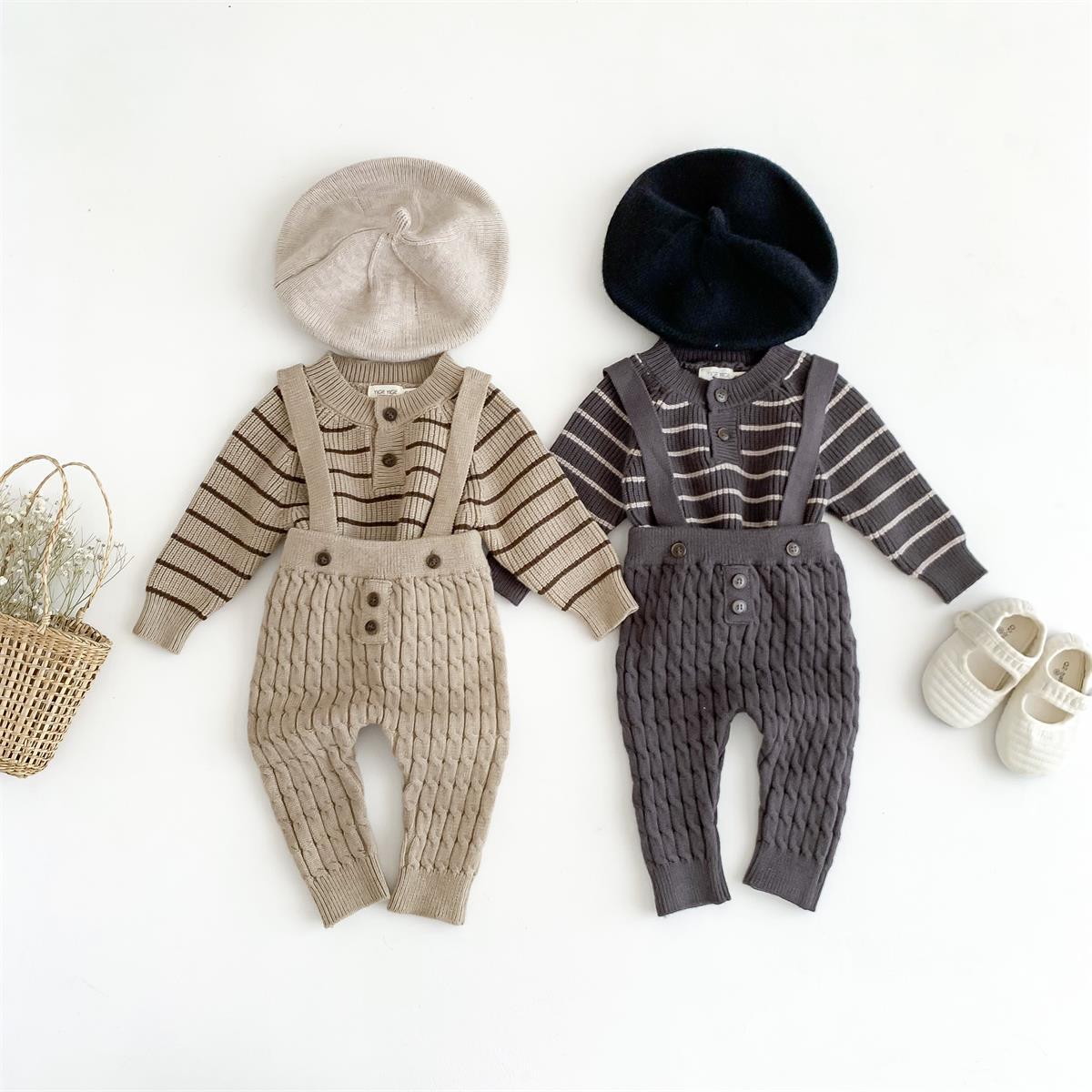 Korean-style Baby Striped Long-sleeved Knitted Top Newborn Hatshirt Autumn Backed Pants Trousers Sweater suit Fashion