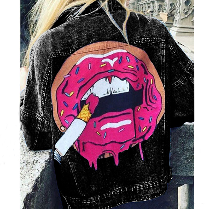 2434 * casual fashion printed loose Denim coat lapel jacket top