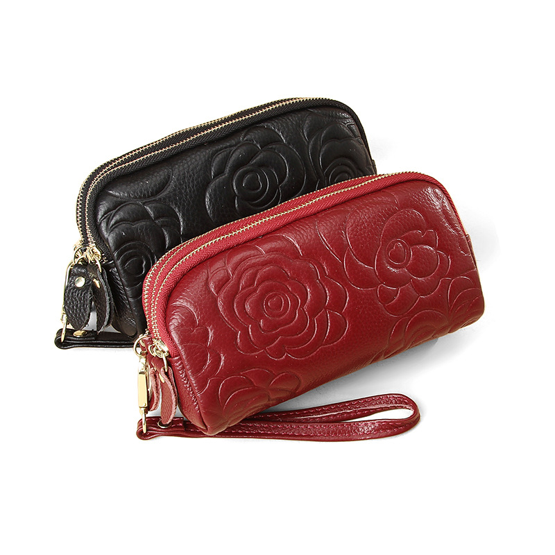 Fashionable Multi-functional Large Capacity Women's Long Clutch Bag Top Layer Cowhide Embossed Women's Bag Three Zipper Long Wallet