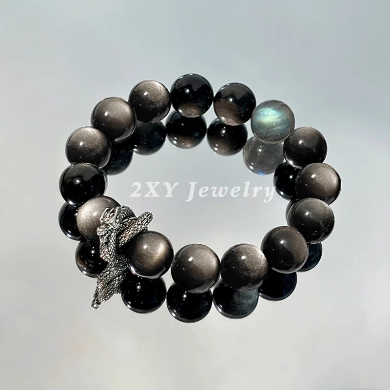 Panlong's Zodiac Year Natural Silver Obsidian Bracelet Retro DIY Natural Obsidian Neutral Crystal Bracelet Bracelet for Women