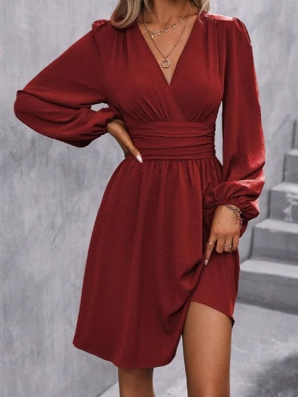 European and American Amazon cross-border autumn and winter new independent station diagonal collar lantern sleeve pleated waist dress women