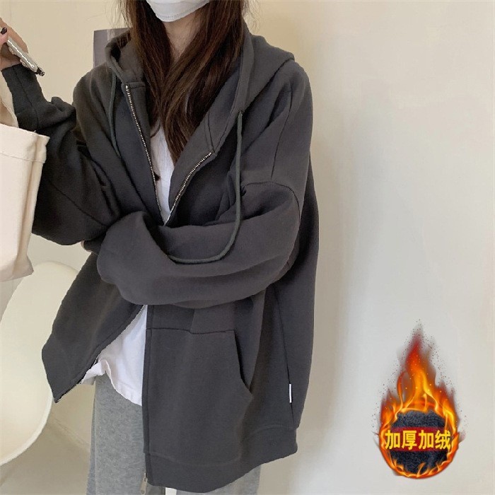 Picture of Fleece-lined thickened sweater New loose oversize sweater cardigan zipper couple coat women's new early spring and autumn