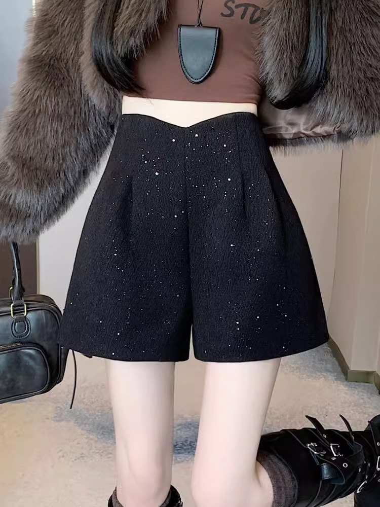 Loose Wide Leg Pants 2024 New Woolen Shorts Women's Autumn and Winter Outer Sequin High Waist Casual Pants with Boots