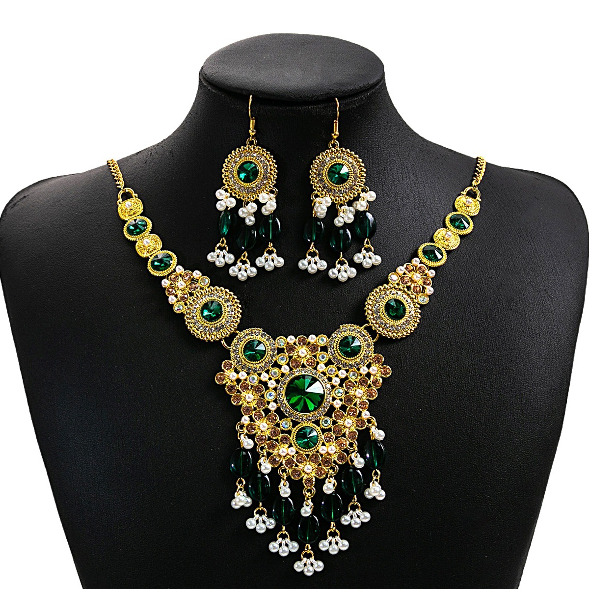 European and American Luxury Exaggerated Jewelry suit Retro Palace Style Gem Necklace Geometric Flower Tassel Pearl Earrings