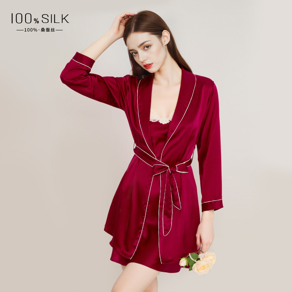19 Mumi Heavy Weight Silk Nightgown Two-Piece Set Women's 100% Mulberry Silk Red Zodiac Year Wedding Dressing Robe