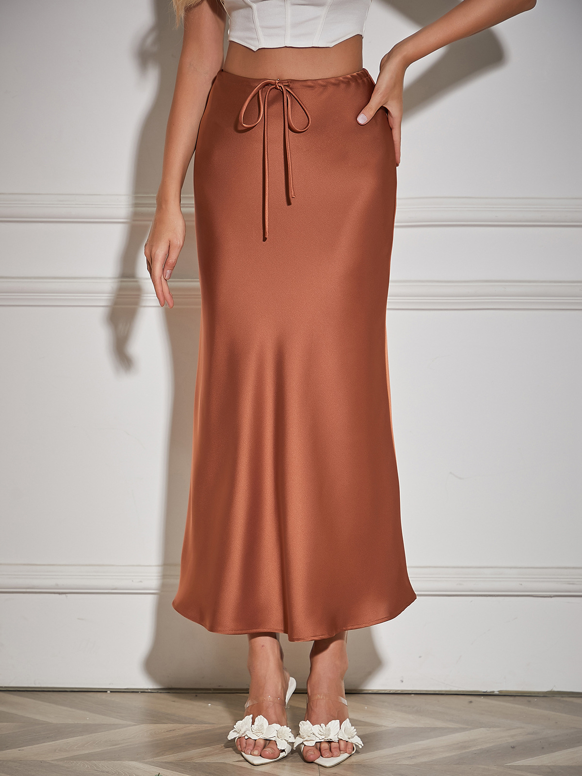Picture of 2024 Amazon high quality satin long skirt high waist drawstring lace-up solid color skirt female cross-border women's clothing in stock