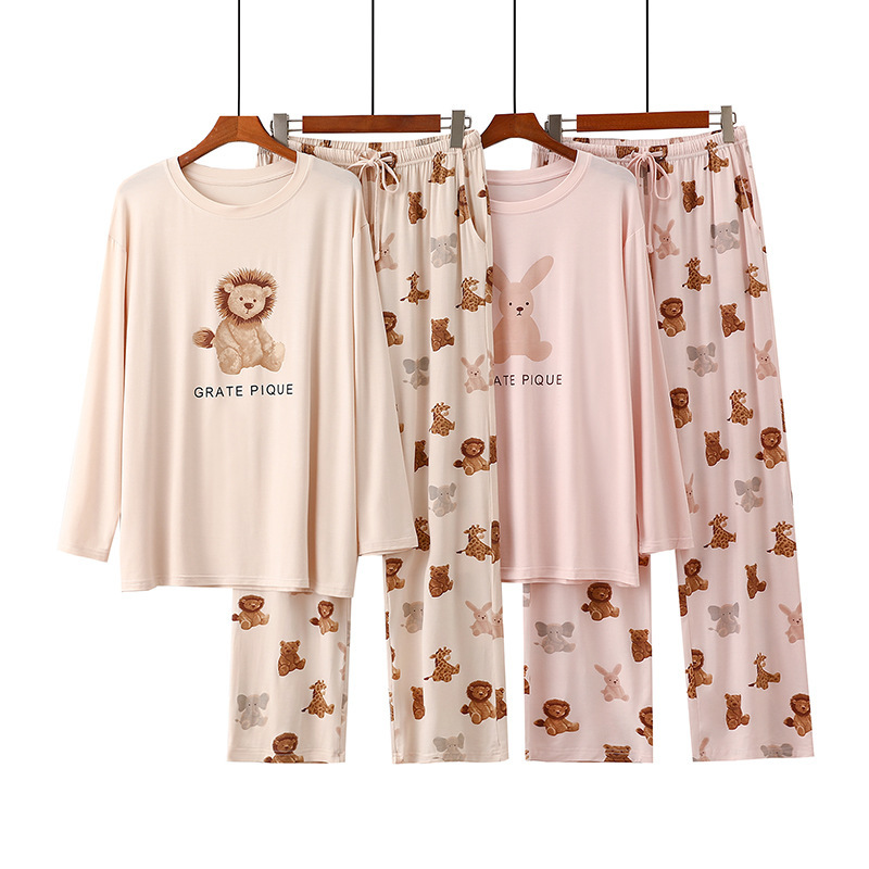 Lion Rabbit Cartoon Modal Pajamas Women's Autumn and Winter Long Sleeve Trousers Round Neck Casual Loose Home Clothes suit Spring