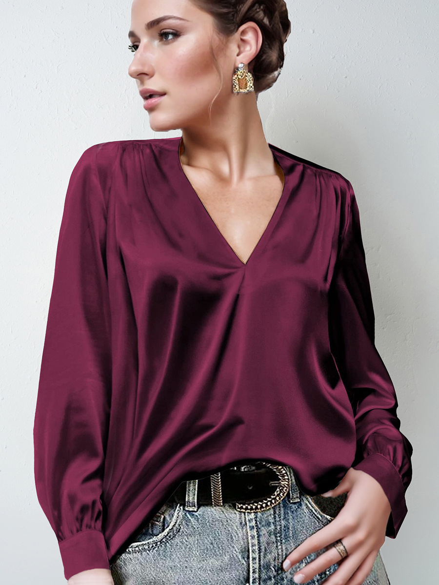 Picture of 2025 Amazon Popular Women's Clothing Satin Pleated Long-Sleeved Top V Neck Casual Loose Satin Commuter Shirt
