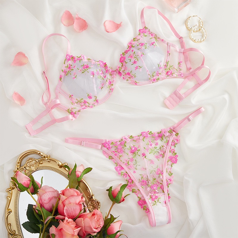 European and American Cross-Border Hot-Selling Thin Cup Embroidered Flower Lace Cute and Sexy Push-Up Breathable Intimates Set