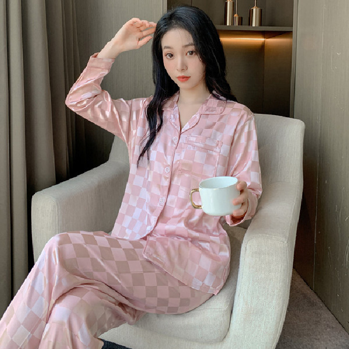 Picture of ins Cyber Celebrity Lace Long-sleeved Simple Black Spring and Autumn Long-sleeved Trousers Cardigan Pajamas Women's Sweet Loose Home Clothes