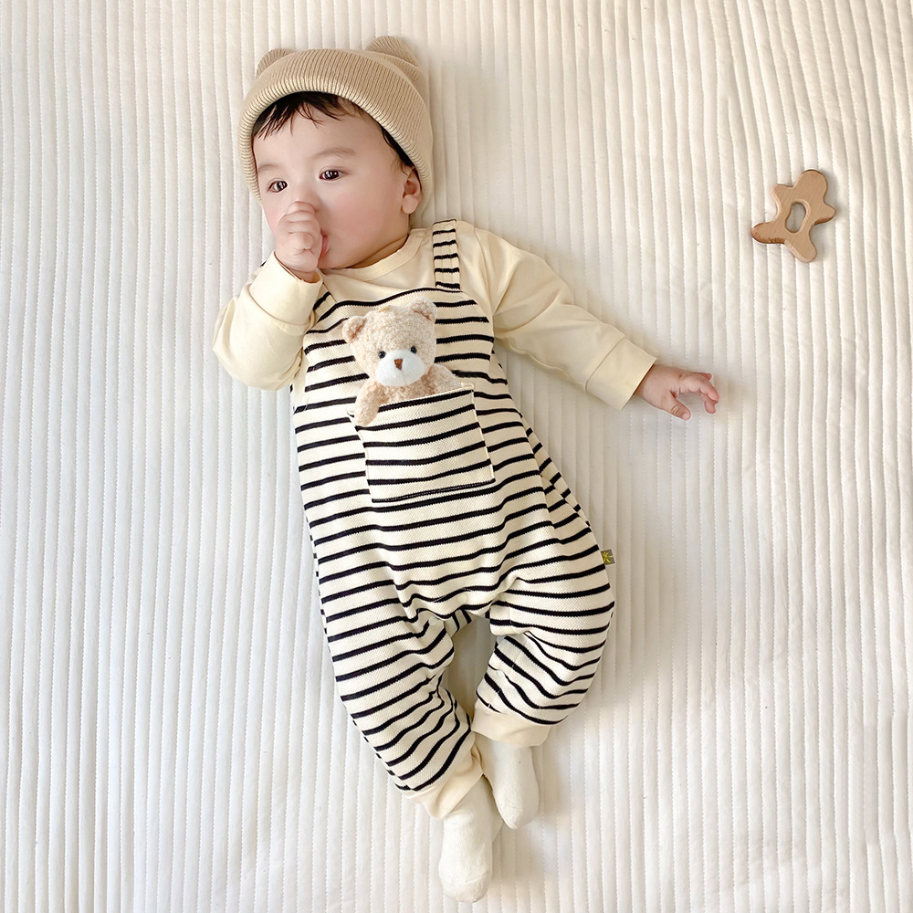 Picture of Striped strap doll bear four-season baby jumpsuit long-sleeved class A baby clothes newborn clothes climbing suit