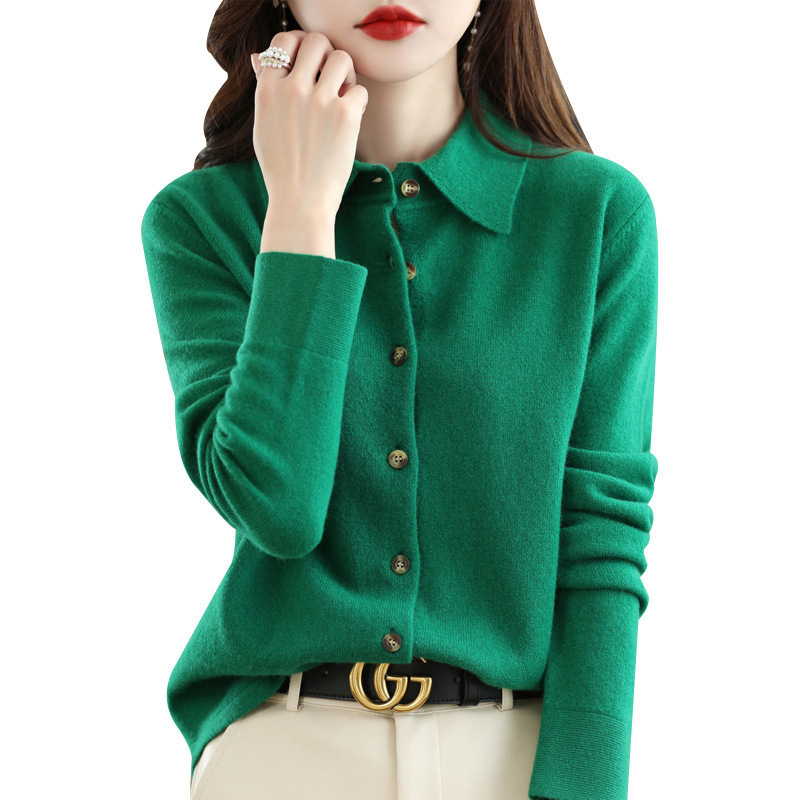 Picture of Spring and Autumn POLO Collar Shirt Women's Outerwear Loose Long-sleeved Sweater Non-cashmere Lapel Knitted Cardigan Top Jacket