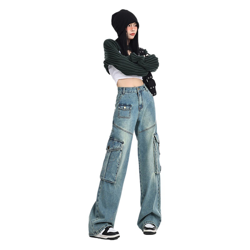 Nostalgic Blue Cargo Pants Jeans for Women Autumn and Winter 2025 New American Style High Waist Slim Straight Loose Wide Leg Pants