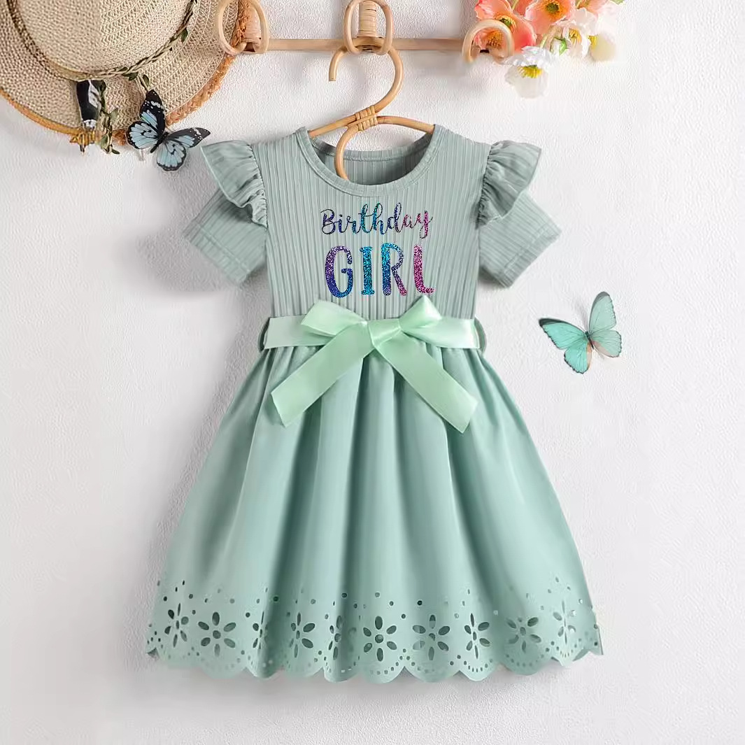 Summer New Girl's Gradual Color Letter Printing Bow Belt Round Neck Short Sleeve Hollow dress