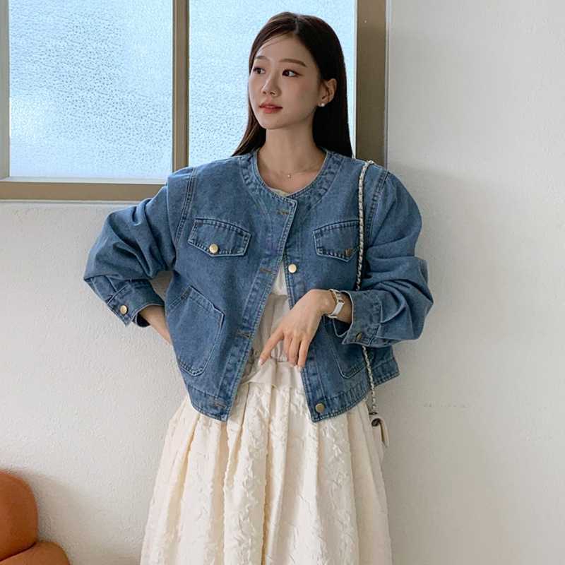 Picture of Autumn New Vintage Collarless Single-breasted Loose All-match Short Pocket Denim Coat Women's Top