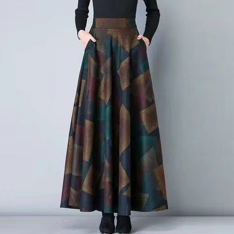 Four Seasons Plaid Skirt Women's Retro New Large Size Mid-Length A-Line Skirt Large Swing Skirt High Waist Slim Long Skirt Trendy