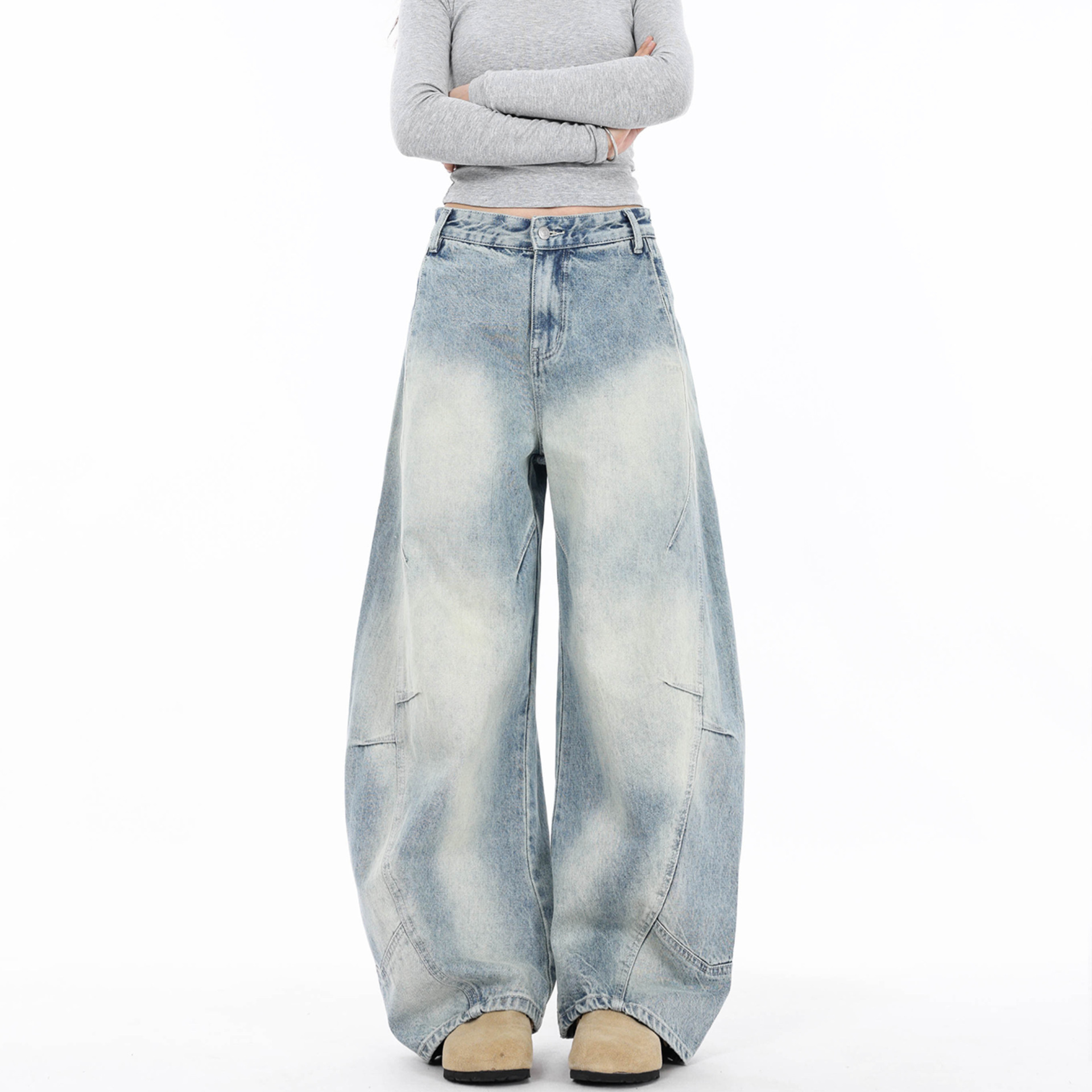 American Retro Distressed Light Blue Scimitar Jeans Splicing Design Banana Sickle Pants for Women