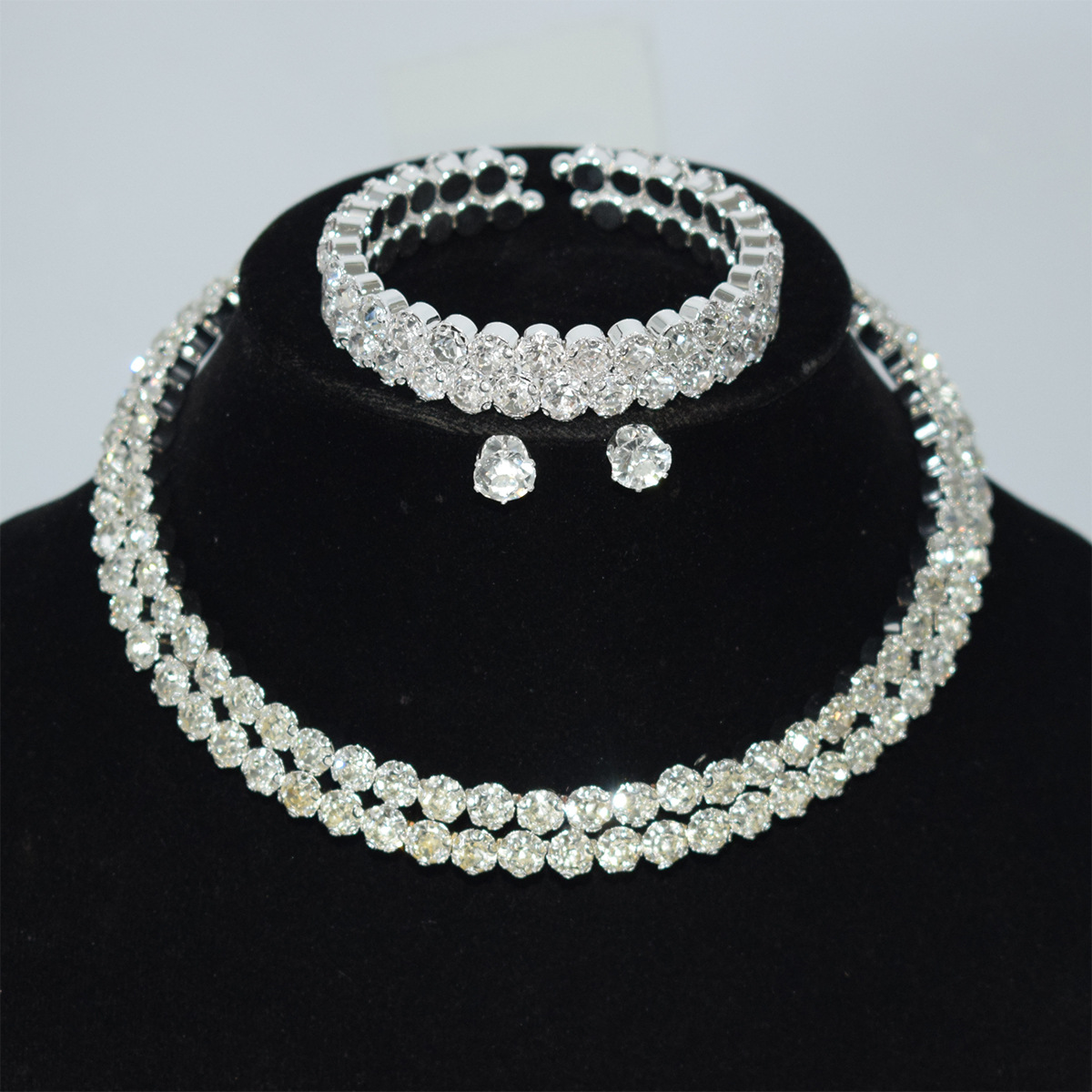 European and American Exaggerated Bride 2 Row Gold and Silver Collar Bracelet Earrings Three-Piece Set Rhinestone Claw Chain Jewelry Necklace Set