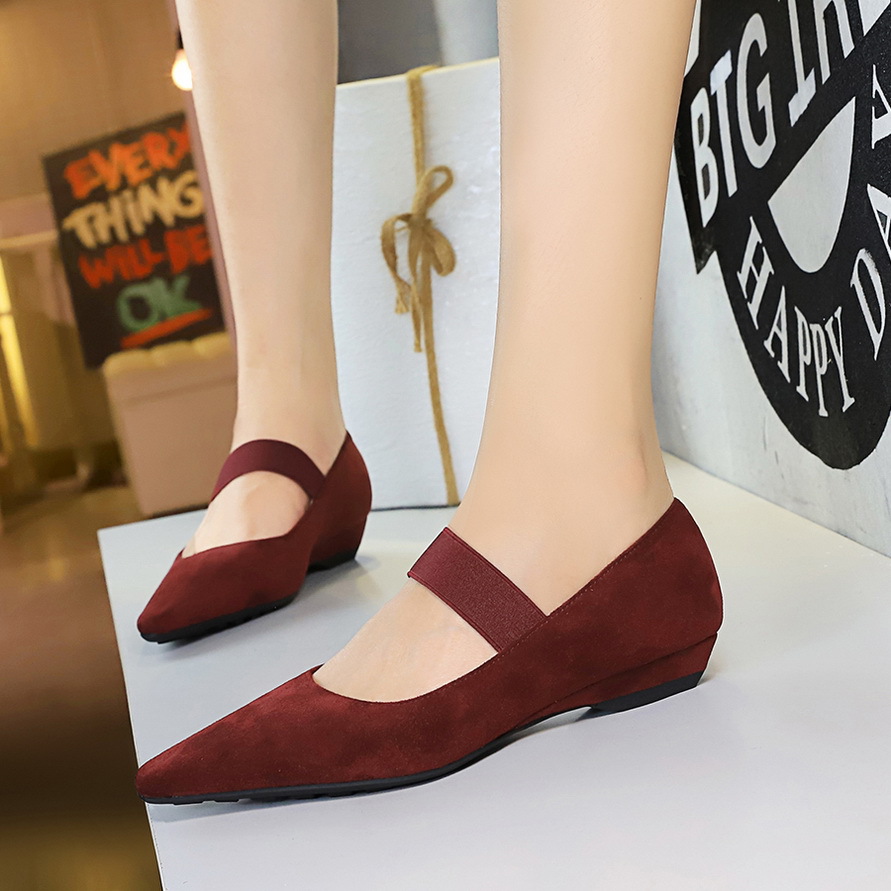 3683-11 Korean version of retro simple Joker low heel wedge heel shallow velvet elastic band with single-layer shoes for women