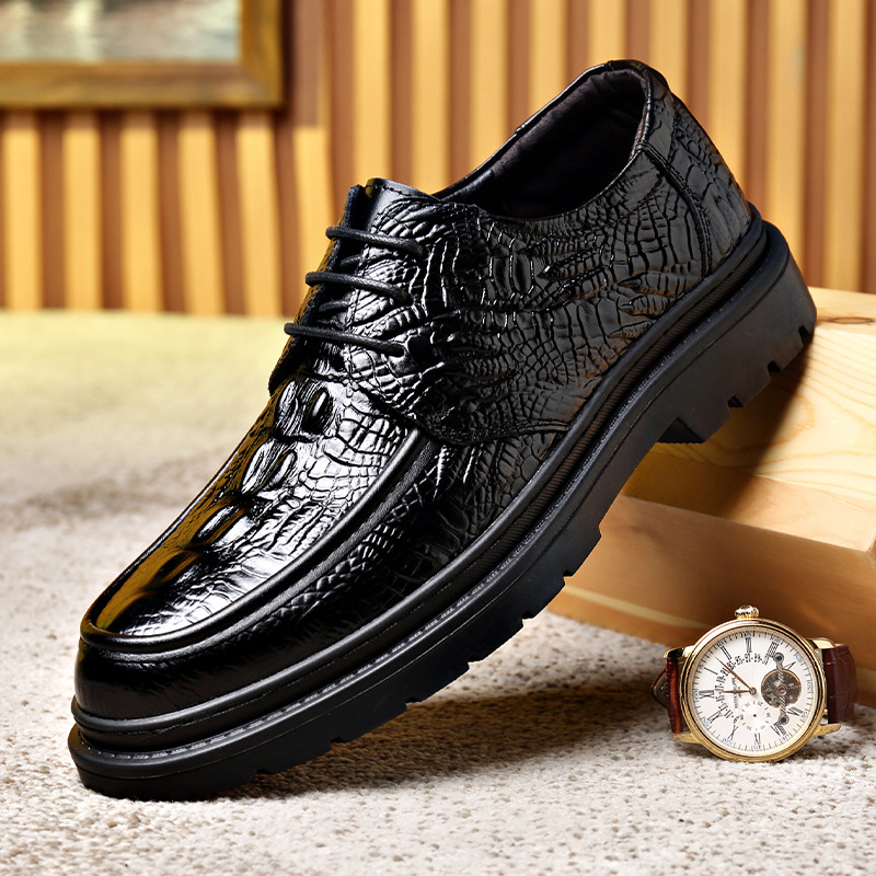 2025 Spring and Autumn New Men's Genuine Leather Crocodile Pattern Casual Leather Shoes Men's Round-toe Lace-up Thick Sole Business Shoes 2568