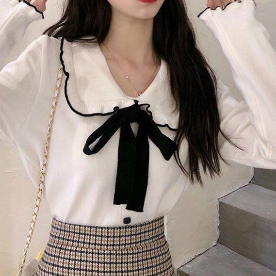 Winter Korean-style 2023 New Slim-fit Slimming All-match Fashion Doll Collar Pullover Lotus Leaf Long-sleeved Sweater for Women