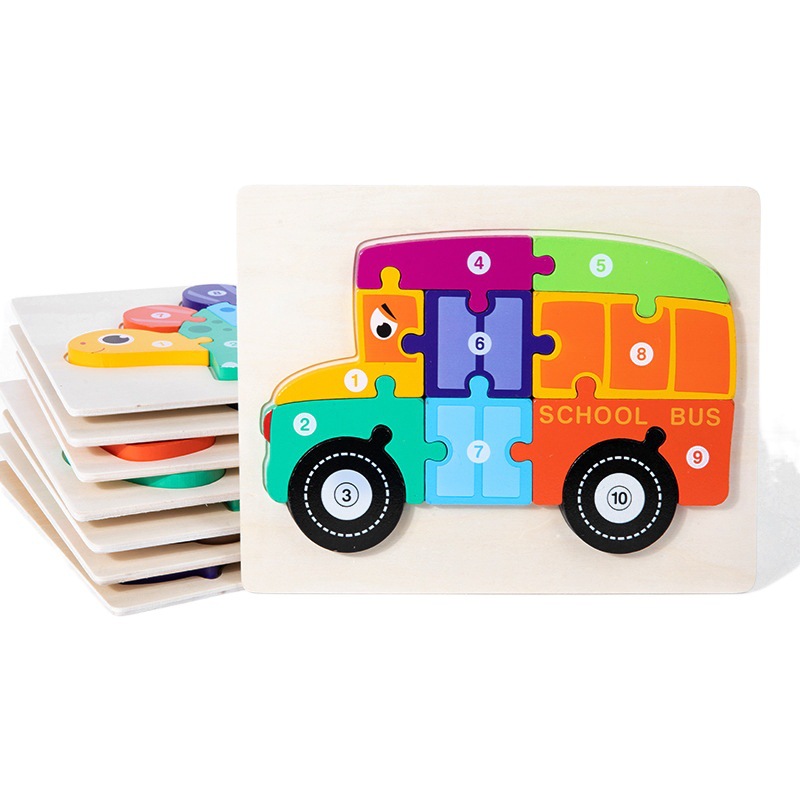 Young Kidsren's Wooden Early Education Animal Digital Traffic Cognitive Puzzle Wooden 3D Buckle Stereo Puzzle Educational Toy