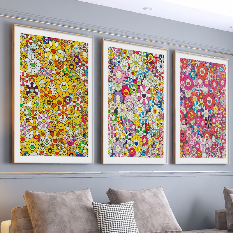 Murakami Takashi Smiling Face Sunflower Hanging Painting Nordic ins Personalized Children's Room Decorative Painting Modern Simple Bedroom Bedside