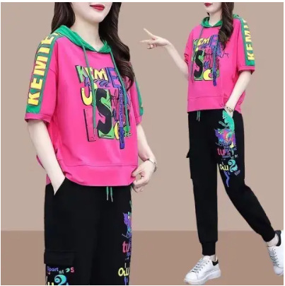 European Station 2024 Summer New Sports Leisure suit Loose Hooded Printed Women's Design Stitching Top Pants