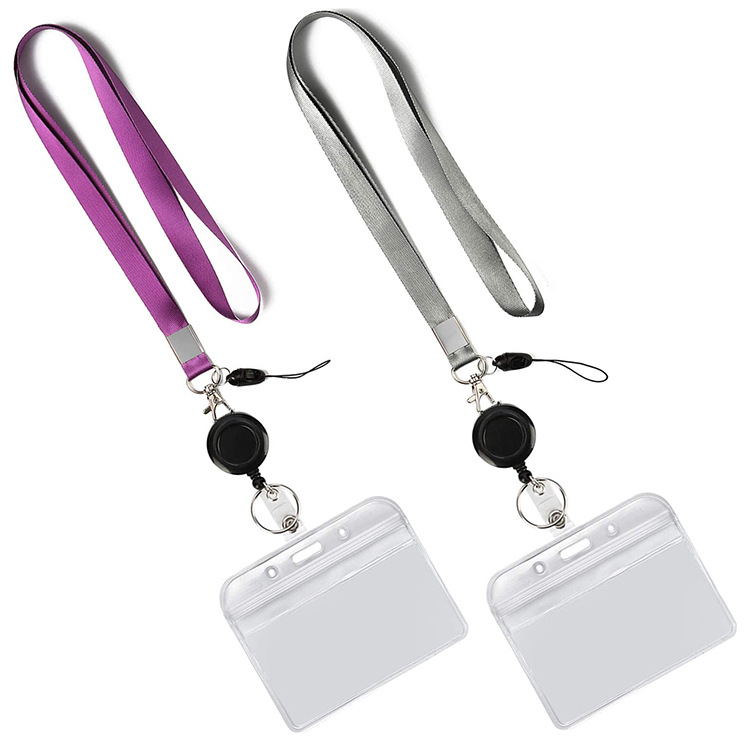 Purple gray mobile phone rope easy to pull buckle certificate lanyard PVC horizontal card sleeve retractable easy to pull vertical card sleeve