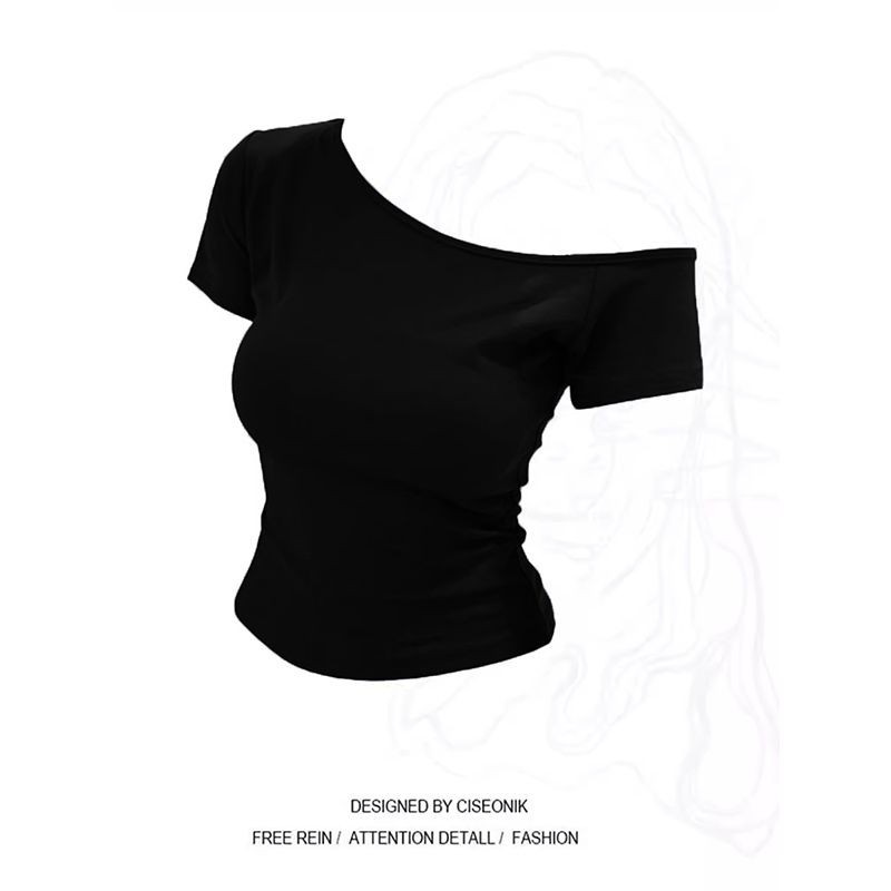 American Retro Slanted Shoulder Short-Sleeved T-Shirt for Women Summer New Fashion Design Slim Waist Sexy Short Top